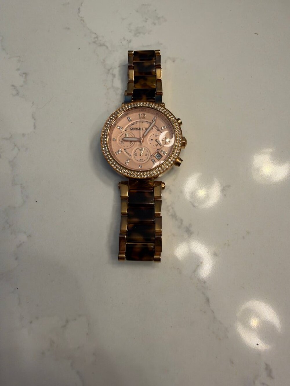 Michael Kors Chronograph Watch — Rose Gold with Tortoise Link Band, Blush Dial
